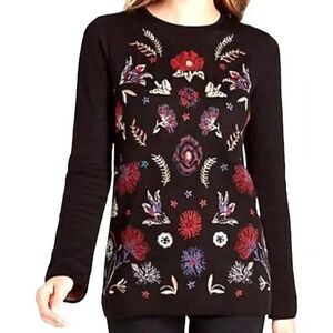 J JILL Sweater Women's 2X Embroidered Floral Colorful Top Black Plus Wool Blend